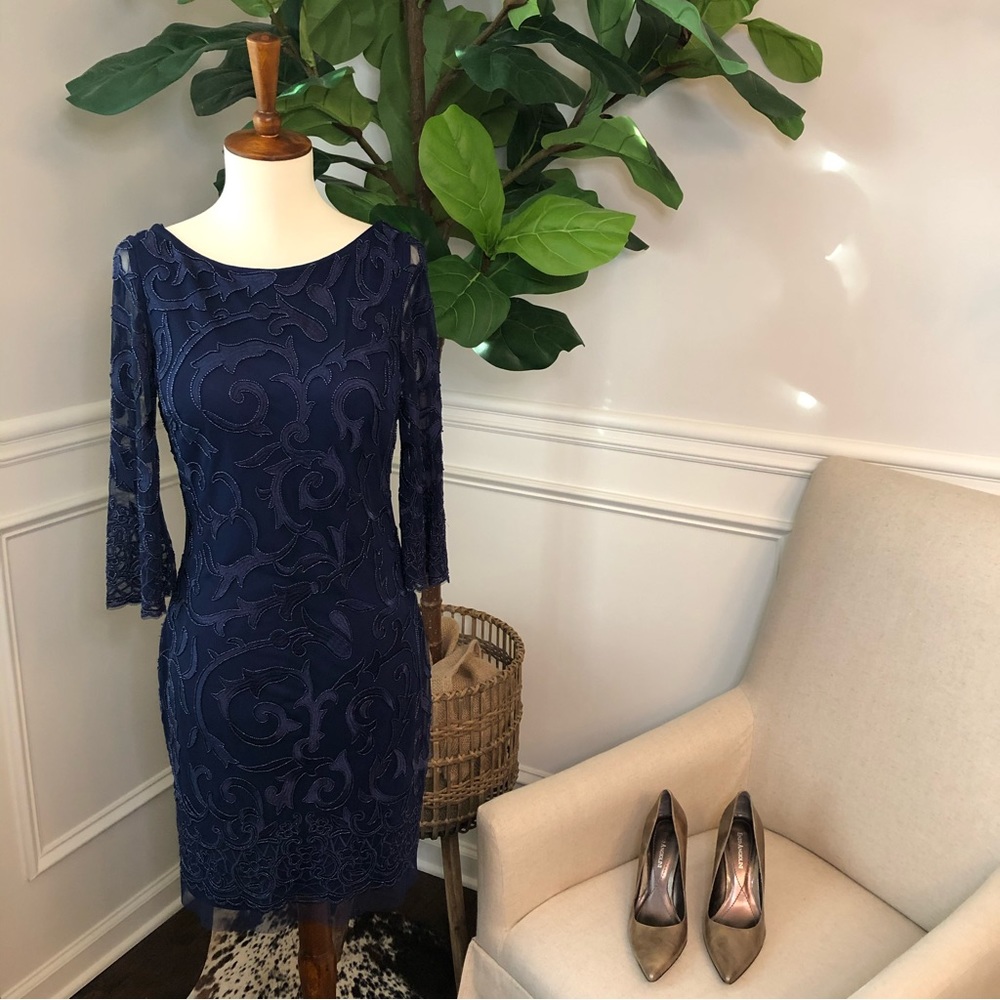 Aidan Mattox 3/4 Sleeve Hand-Beaded Embroidery Cocktail Dress in Navy